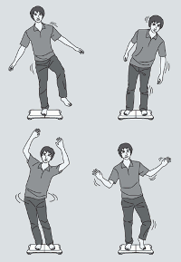 A cartoon of a guy on various weird poses on a Wii Balance Board